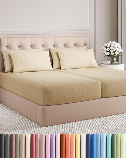 Split King Sheets Set 7 Piece - Includes 4 Pillowcases - Bed Sheets Split King - Soft Hotel Luxury Bedding - Cooling and Breathable - 1 Flat & 2 Fitted & 4 Pillowcases w/ Deep Pockets - Heathered Tan