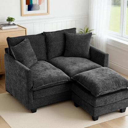 Loveseat Sofa with Ottoman, 50'' Modern L-Shape Cloud Couch Sofa Loveseat with 22'' Ottoman for Small Space/Apartment/Office/Living Room 8834-BLACK-L