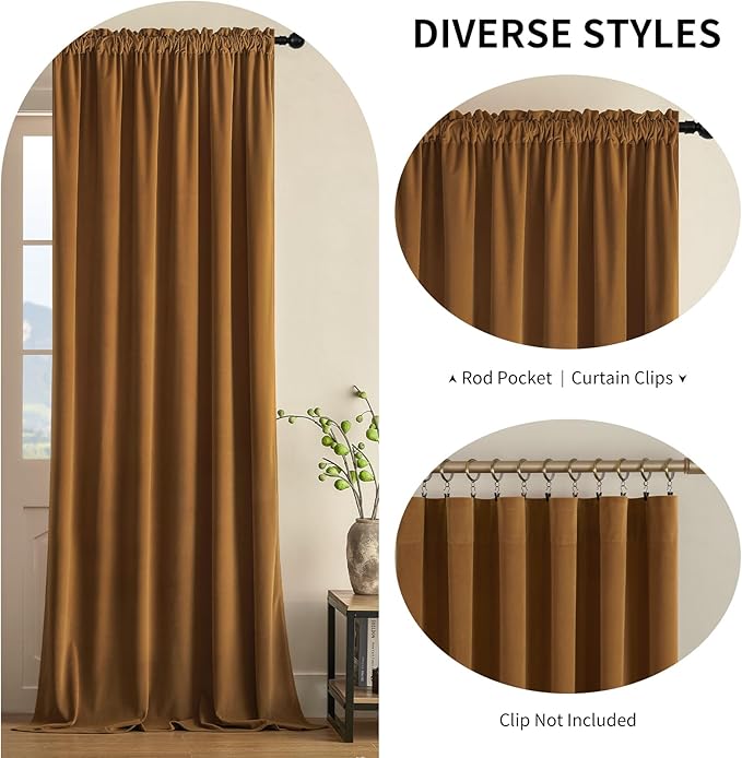 Joydeco Brown Velvet Curtains 72 inch Length 2 Panels, Luxury Blackout Rod Pocket Thermal Insulated Window Curtains, Super Soft Room Darkening Drapes for Living Dining Room Bedroom,W52 x L72 inches