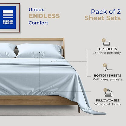 THREAD SPREAD 2-Pack Twin Cotton Sheets Sets - 400 Thread Count 100% Cotton Sateen Weave - Extra Soft, Breathable, Hotel Quality Cooling Sheets, 2 Sets of Twin Size Deep Pocket Bed Sheets (Light Blue)