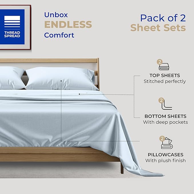THREAD SPREAD 2-Pack Twin XL Sheet Sets Cotton - 400 Thread Count 100% Cotton Sateen Weave - Soft, Breathable, Hotel Quality Cooling Sheets, 2 Sets of Twin XL Size Deep Pocket Bed Sheets (Light Blue)