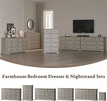 Farmhouse 6 Drawers Dresser for Bedroom, 49" Tall Modern Chest of Drawers with Deep Drawers & Bar Handles, Rustic Wood Dresser TV Stand, Wooden Closet Storage Organizer for Living Room, Hallway, Grey