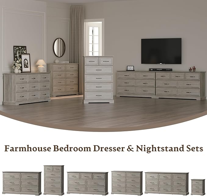 Farmhouse 8 Drawers Dresser for Bedroom, 54" Wide Modern Chest of Drawers with Deep Drawers & Bar Handles, Rustic Wood Dresser TV Stand, Wooden Closet Storage Organizer for Living Room, Hallway, Grey