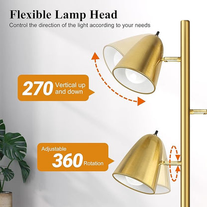 QiMH Tree Floor Lamp with 3 Light Bulbs, Standing Tall Pole Lamps for Living Room Bedroom Office, Reading Stand up Lamps with 3 Adjustable Arms, Brushed Gold