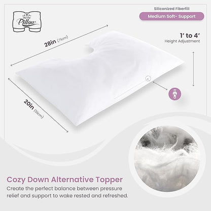 Wife Pillow - Topper, Down Alternative Premium Siliconized Fiberfill - Machine Wash & Dry. Adjustable for Side Sleepers by Zipper Access, Add or Remove Filling for Best Sleeping: Medium Support