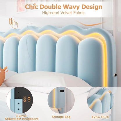 Velvet Upholstered King LED Bed Frame with 2 Storage Drawers and Adjustable Chic Double Wavy Headboard, Princess Platform Bed with Charing Station, Solid Wood Slats Support,No Box Spring Needed,Blue
