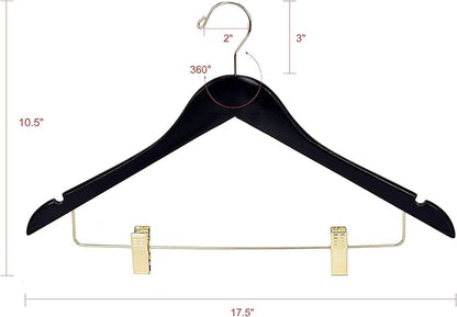 Quality Hangers Quality Wooden Skirt Hangers with Clips 80-Pack Black Pants Adjustable Gold Metal Clips, Swivel Hook, Coat, Jacket, Blouse Suit (Black - 80) 17.5''
