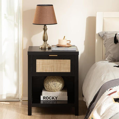 SICOTAS Rattan Night Stands Set of 2, Farmhouse Nightstand Bedside Table with Drawer and Storage Shelf, Boho End Side Table for Bedroom, Small Space, Black Oak