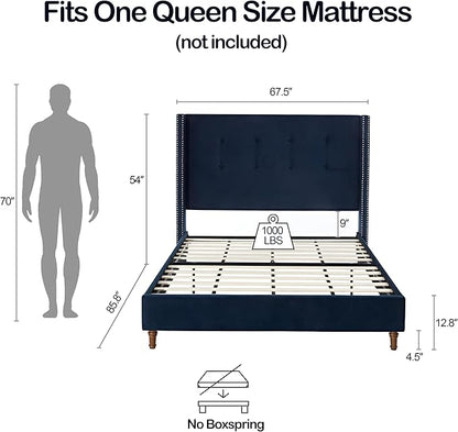 Queen Size Upholstered Bed Frame, 54" Tall Headboard Platform Bedframes with Nail Head Decorative Wingback, Hand Buttoned Tufting Headboard Beds/No Box Spring Needed/Minimalism, Blue Velvet