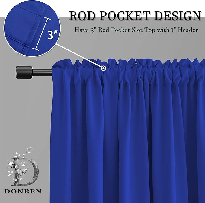 DONREN 108 inch Extra Length Curtains for Bedroom - Rod Pocket Smooth Tactility Blackout Window Panels for Patio (52 W x 108 L,Royal Blue,2 Pieces)