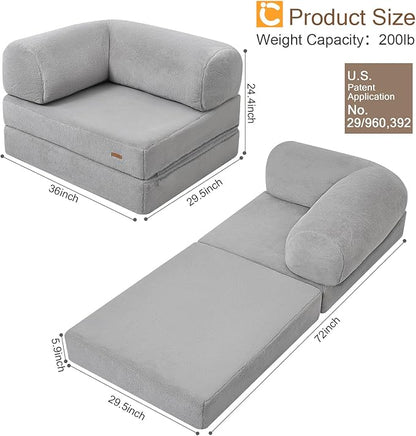 COMAX Folding Sofa Bed Single, Fold Out Chair Bed, Foldable Sofa Chair, Convertible Sleeper Futon for Adults, Floor Couch Mattress for Small Spaces Bedroom Living Room Guest Room, Faux Fur Grey