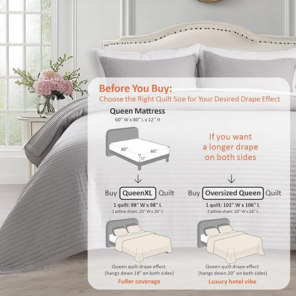 KASENTEX Queen XL Quilt Set 98"x98" – Soft Washed 3-Layer Lightweight Bedspread, Minimalist Nordic Design, All-Season Spring & Summer Quilt Set (1 Quilt + 2 Pillow Shams), Gull