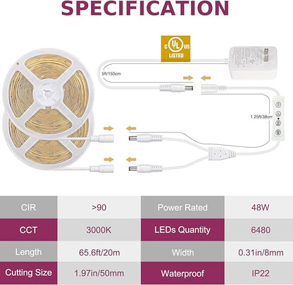 COB LED Strip Light Warm White, 66ft Dimmable 3000K Super Bright White Led Lights with Remote and UL Power Supply, 24V Flexible LED Tape Light for Bedroom, Kitchen, DIY Lighting (2 Rolls of 33ft)