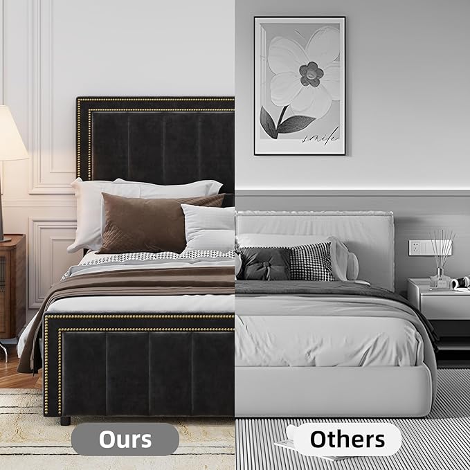 BarnFurin King Size Size Bed Frame with 50" Tall Headboard and Footboard, Chenille Upholstered Platform Bed, Vertical Channel Tufting with Nailhead Trim, No Box Spring Needed, Easy Assembly, Black