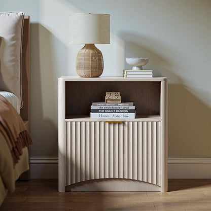 Evermagin Fluted Nightstand, Bedside Table with Drawer and Storage, Wood End Table Mid Century Modern, Large Night Stand for Bedroom, White Alder