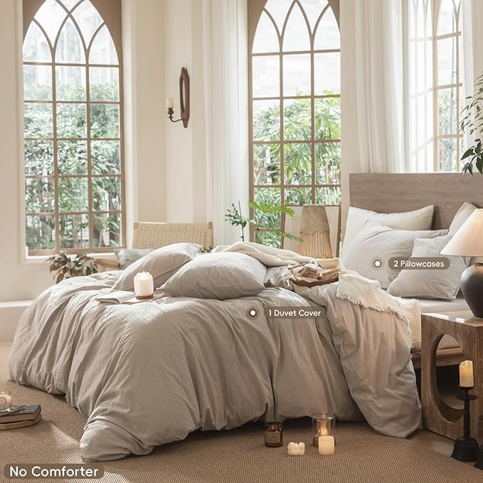 MooMee Wavy Striped Duvet Cover Set 100% Washed Cotton Linen Like Textured Breathable Durable Soft Comfy (Beige, Oversized King Plus 128"x120")