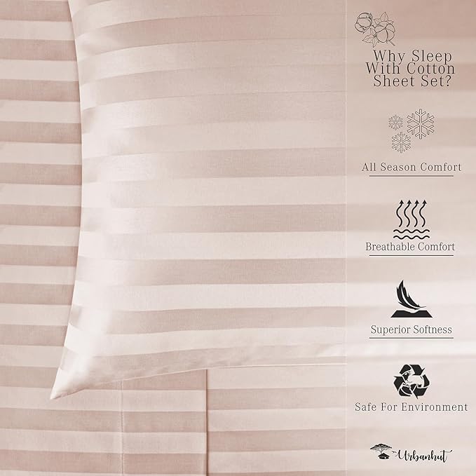 URBANHUT 800 Thread Count 100% Cotton Damask California King Size Sheets Set, 4 Piece Striped Cal King Size Bedsheets, Luxury Hotel Sheets Sateen Weave, 16" Elasticized Deep Pocket- Blush Pink