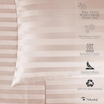 URBANHUT 800 Thread Count 100% Cotton Damask California King Size Sheets Set, 4 Piece Striped Cal King Size Bedsheets, Luxury Hotel Sheets Sateen Weave, 16" Elasticized Deep Pocket- Blush Pink