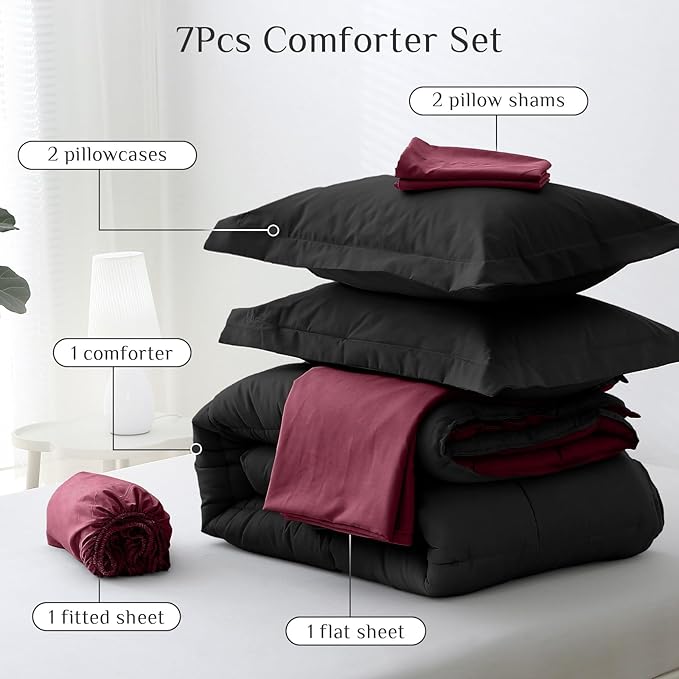 JOLLYVOGUE Queen Comforter Set, Ultra-Soft Bed in a Bag Queen Size 7 Pieces, Oeko-TEX Certified Bedding Set with Down Alternative Comforter, Sheets, Pillowcases & Shams, Burgundy & Black
