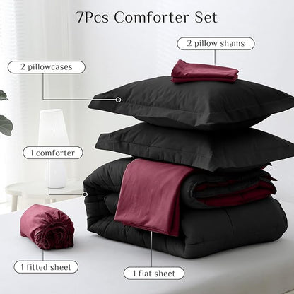 JOLLYVOGUE Queen Comforter Set, Ultra-Soft Bed in a Bag Queen Size 7 Pieces, Oeko-TEX Certified Bedding Set with Down Alternative Comforter, Sheets, Pillowcases & Shams, Burgundy & Black