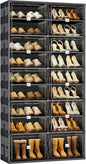 JEKO&JEKO 9-Tier Foldable Shoe Storage Cabinet with Magnetic Doors, Large Stackable Shoe Organizer Cabinet for Entryway, Clear Front Door Shoe Boxes Hold Up to 36 Pairs (Black)