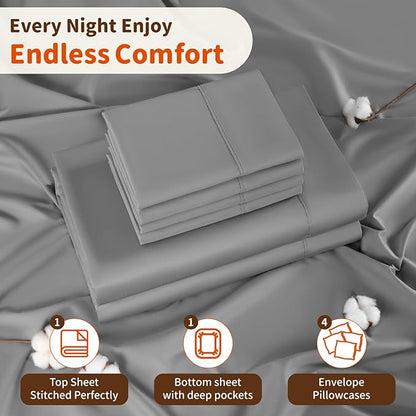 LBRO2M 1000 Thread Count 100% Egyptian Cotton Sheets Set 6 Piece Sets California King Bed Sheet Deep Pocket Sheet Set 16" Soft Comfortable All Season (California King, Gray)