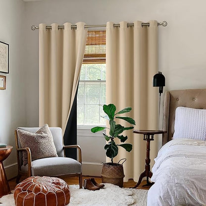 BGment Thermal Insulated 100% Blackout Curtains for Bedroom with Black Liner, Double Layer Full Room Darkening Noise Reducing Grommet Curtain (52 x 90 Inch, Beige, 2 Panels)