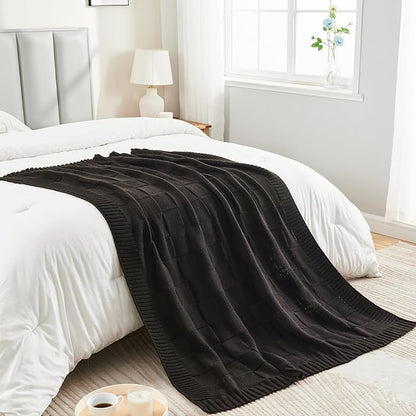 CozeCube Check Knit Throw Blanket, Jet Black Checkered Throw for Couch, Decorative Christmas Soft Cozy Warm Knitted Blanket for Bed Sofa Living Room, 50"X60"