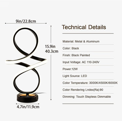 Mayful Modern Spiral Table Lamp, Bedside Lamp with USB C & A Ports, Touch Control Dimmable with 3 Color Temperatures,Unique LED Lamp for Nightstand Bedroom Office Living Room, Black
