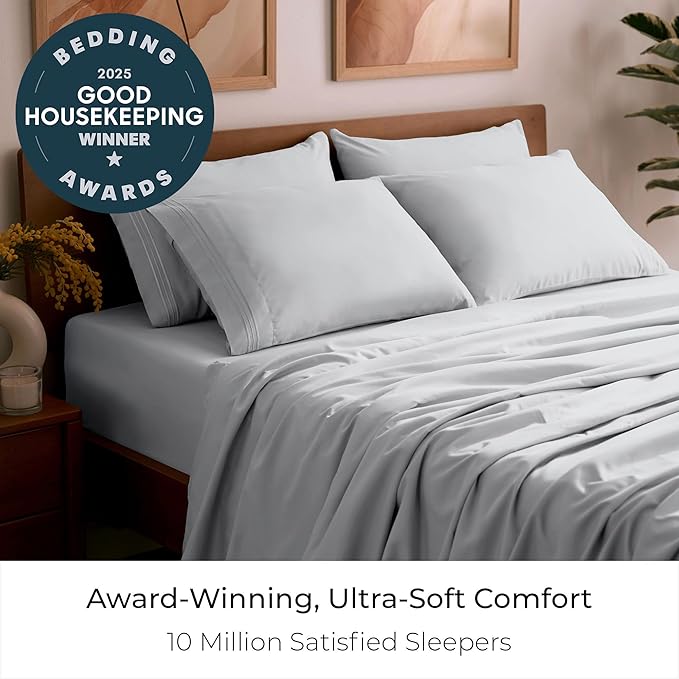 Mellanni Full Sheet Set - 6-Piece Iconic Collection Bedding, (Including 4 Pillowcases), 21-Inch Extra Deep Pocket, Easy Care, Ultra Soft, Cooling Sheets, Brushed Microfiber - Light Gray
