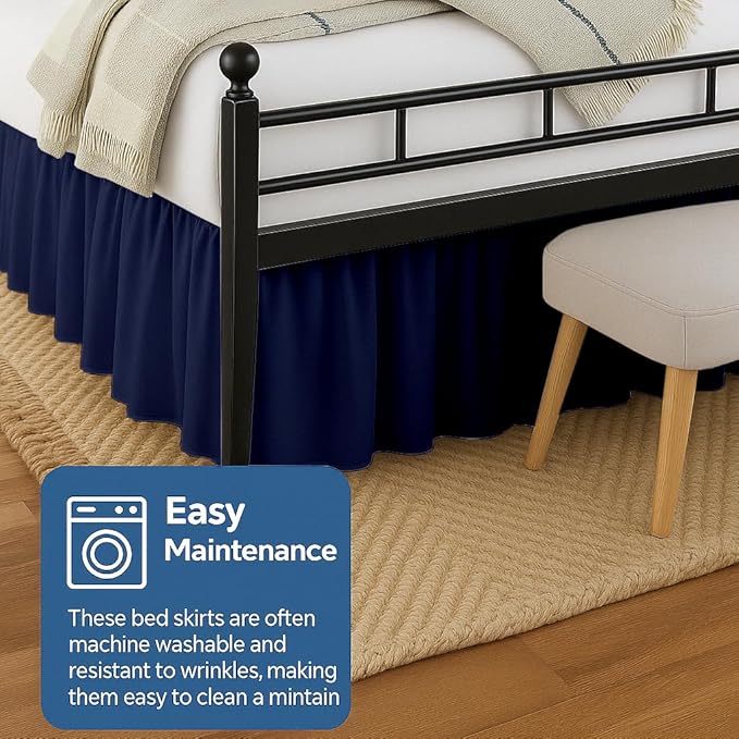 Ruffled Bed Skirt Split Corners with Platform, Tailored Fit Hotel Quality Wrinkle Free Ultra-Soft Microfiber Dust Ruffle, Upto 28 Inch Drop, Queen, Navy Blue