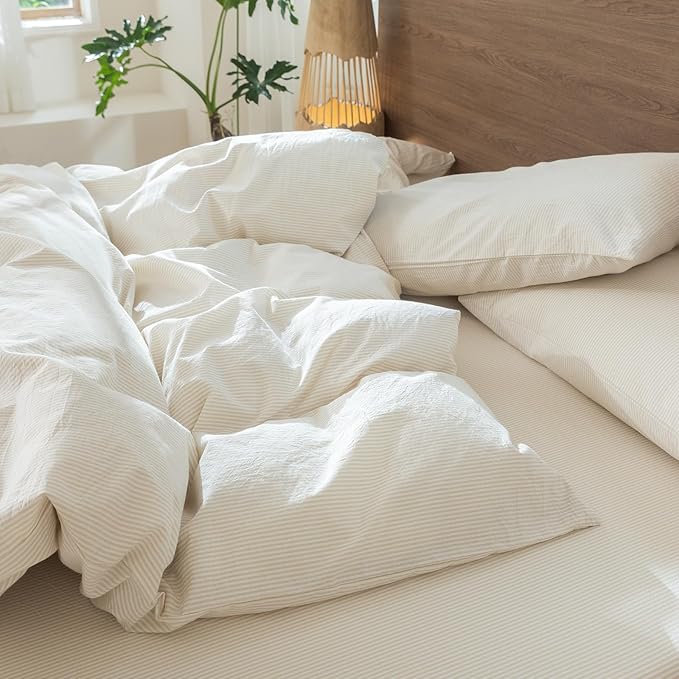 MooMee Striped Duvet Cover Set 100% Washed Cotton Linen Like Textured Breathable Durable Soft Comfy (Almond Milk Grey Pinstripes, Queen 90"x90")