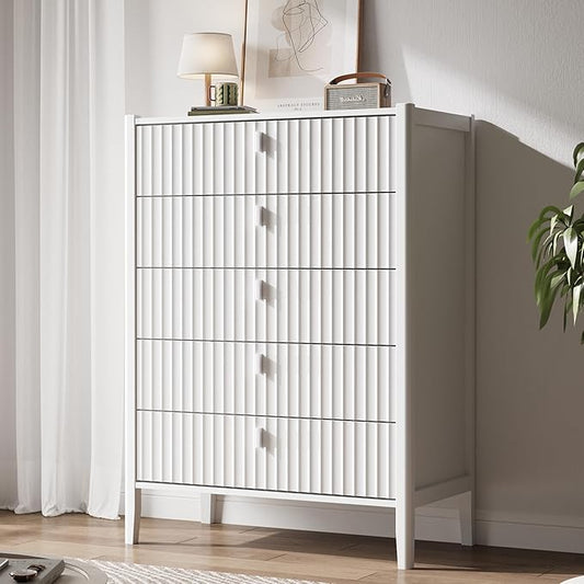 5 Drawer Dresser, Modern Chest of Drawers for Bedroom, Wood Fluted Dresser Organizer with Deep Drawers for Clothes, Nightstand for Bedroom, Hallway, Living Room, Entryway, White