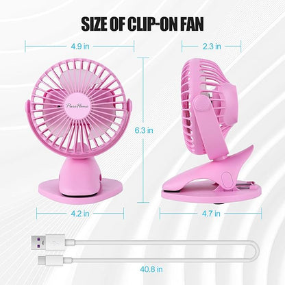 PureHome Portable Clip Fan Battery Operated,3 Speeds USB Rechargeable Mini Table Fan with Strong Airflow,360°Rotation Ultra Quiet Personal Desk Fan for Home Office Bedroom Dorm Stroller Camping- Pink
