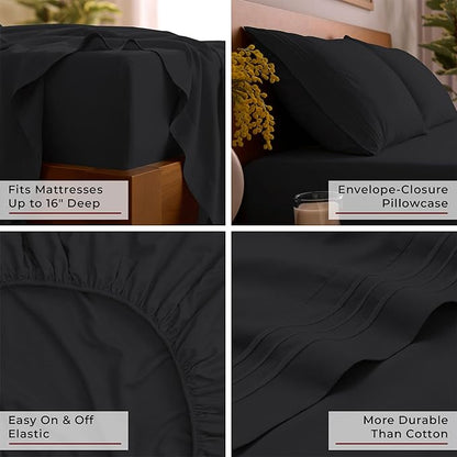 Mellanni Full Sheet Set - 6-Piece Iconic Collection Bedding, (Including 4 Pillowcases), 16-Inch Deep Pocket, Easy Care, Extra Soft, Cooling Sheets, Brushed Microfiber - Black