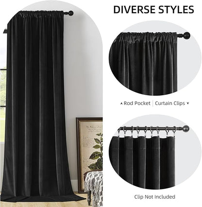 Joydeco Velvet Curtains 90 inch 1 Panel, Long Luxury Black Blackout Thermal Insulated Rod Pocket Window Curtains, Super Soft Room Darkening Drapes for Living Room Bedroom, W100 x L90 Inch, Black