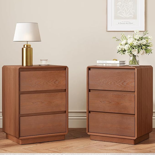 Solid Wood Nightstand Set of 2, Natural Wood Night Stand with 3 Drawers, Mid Century Modern Nightstand with Storage, Bedside Table for Bedroom, Office, Brown
