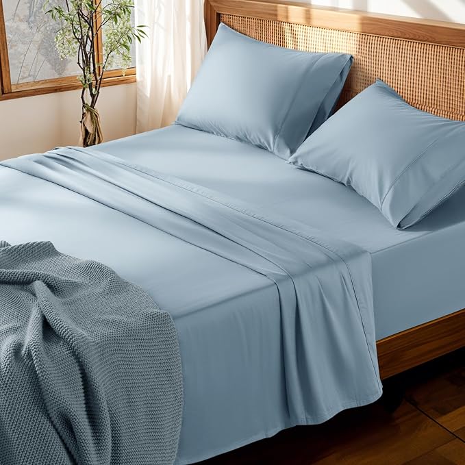 LBRO2M 100% Cotton Sheets Set Deep Pocket 19", 1000 Thread Count Full Size 4 Piece Bed Sheet Sets Soft Comfortable Bedding All Season (Full, French Blue)