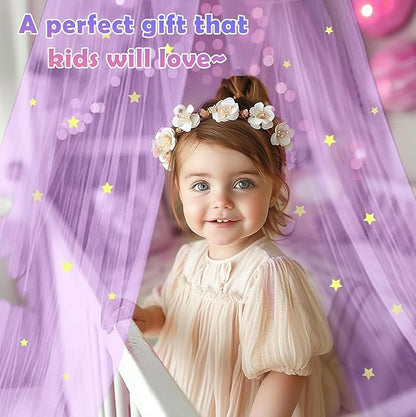 Purple Princess Bed Canopy for Girls with Glowing Stars, Canopy Bed Curtains for Twin, Full, and Queen Sizes; Ceiling Tent for Reading Nooks, Mosquito Net for Indoor Room Decor and Outdoor Use