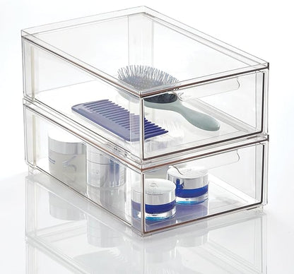 mDesign Plastic Stackable Bathroom Storage Organizer Bin with Pull Out Drawer for Cabinet, Vanity, Shelf, Cupboard, Cabinet, or Closet Organization - Lumiere Collection - 8 Pack - (Clear, 8 x 12 x 4)
