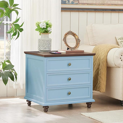 24" Wide Farmhouse Night Stand Set of 2,Large End Table with 3 Drawers & Metal Handle,Light Blue Wood Dresser for Bedroom Cabinet, Bed Side Table Chest of Drawers,Nightstand for Living Room