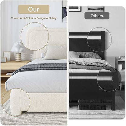 BarnFurin Boucle Upholstered California King Bed Frame/Soft Rounded Corners Headboard/Low Profile Bed Frame/No Box Spring Needed/Cream