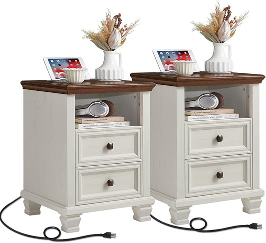 SAVOR LIFE Farmhouse Nightstand Set of 2 with Charging Station, Antique Nightstands with Drawers, Bedside Table with Open Shelf for Bedroom, White