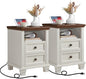 SAVOR LIFE Farmhouse Nightstand Set of 2 with Charging Station, Antique Nightstands with Drawers, Bedside Table with Open Shelf for Bedroom, White