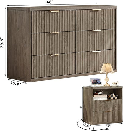 LEYAOYAO 48" Wide Fluted Dresser and 2 Drawers 23" Nightstand Set of 2, Wooden Dresser & Night Stand with Charging Station, 3 Piece Bedroom Furniture Set, Chest of Drawer for Living Room,Grey