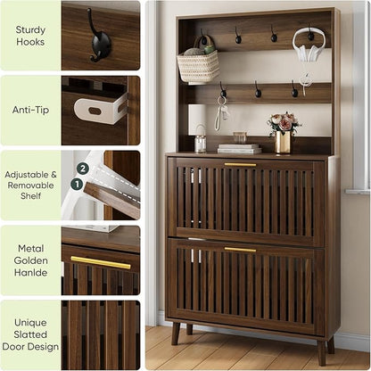 Upgraded 62.99“ Tall Shoe Cabinet with Rack and 7 Hooks, Flip-Down Slatted Drawer Shoe Storage & Coat Rack, Narrow Entryway Shoe Organizer, Walnut