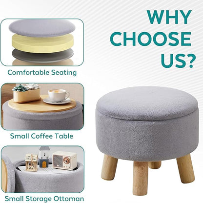 FIMIVIBI Small Foot Stool Ottoman with Storage, Soft Faux Fur Ottoman Foot Rest for Couch, Round Footstool with Storage, Small Ottomans and Footstools for Living Room and Entryway (Gray)