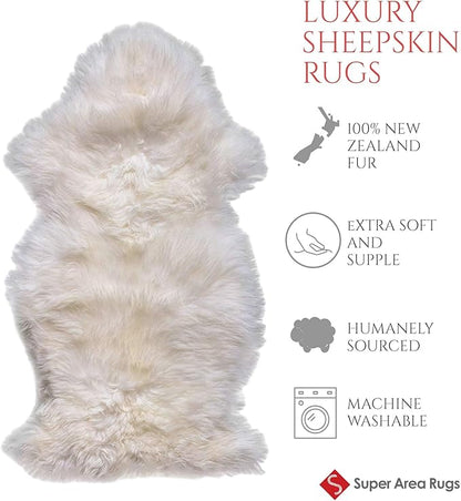 Premium Genuine Fur Sheepskin Rug - Real N.Z. 100% Sheepskin Natural Luxury Fluffy Lambskin Fur Area Rug - Seat Cover for Sofa Chair and Bedroom - 2' W x 3'L - Natural Creamy White Wool