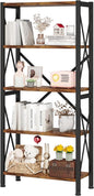 Homeiju 5-Tier Bookshelf,Wood Bookcase,Book Shelf with Steel Frame, Storage Rack with Open Shelves, Rustic Standing Bookshelves Ladder Shelf 110lbs/shelf for Bedroom,Living Room and Home Office