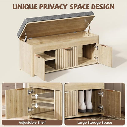 Shoe Bench with Storage - Lift Top Entryway Bench with Hidden Storage, Shoe Rack with Adjustable Shelves and Cushioned Seat, Wooden End of Bed Bench for Bedroom, Living Room and Hallway,Nature